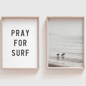 Pray For Surf + Surf Print | Set Of Two Prints | Surf Wall Art | Minimalist | Black and White | Gallery Wall Art | Beach House | Coastal