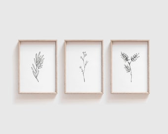 Schwarz weiß Botanische Drucke - 3er Set | Blatt druck | Blumendruck | 3er Set Prints | Blatt Wandkunst | Minimalistischer Druck | Küchendrucke