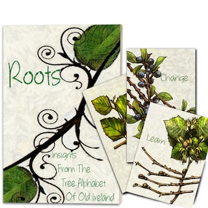 May include: A set of art prints with botanical illustrations and text. The main print says "Roots" in green script, with the subtitle "Insights From The Tree Alphabet Of Old Ireland." Other prints show branches with leaves and berries, with the words "Change" and "Learn".
