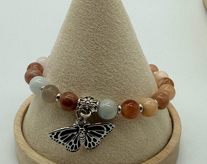 Sunstone and Morganite Gemstone Bracelet with Butterfly Charm