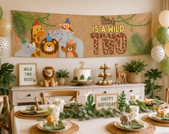 Safari Wild Two verjaardagsbanner | Bewerkbare jungledieren (digitale download)
