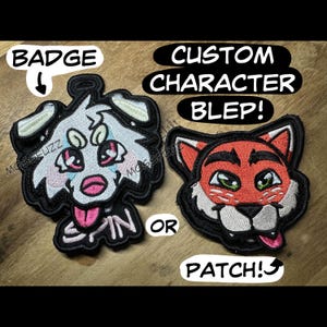 Op de afbeelding: Geborduurde patches met cartoonkarakterontwerpen. Eén patch toont een wit en zwart karakter met een roze tong, de andere een rood en oranje vosachtig karakter. Tekst luidt "BADGE" en "PATCH!"
