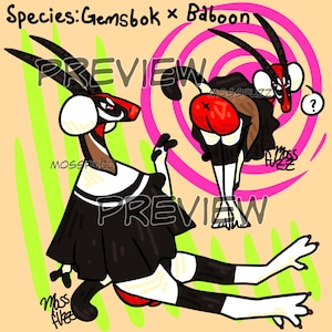 Puede incluir: Ilustración de dibujos animados de una criatura híbrida, etiquetada como "Species: Gemsbok x Baboon". La criatura tiene un cuerpo blanco y negro, detalles en rojo y cuernos grandes. La imagen incluye la palabra "PREVIEW" y la firma del artista.