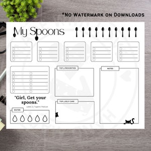 Self Care Planner, Brain Dump, My Spoons with Cats, Letter A4 A5
