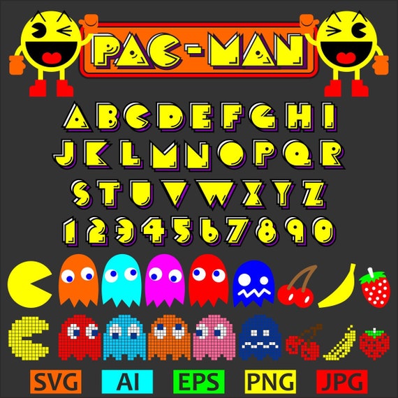 Svg Vector Font Pacman Retro Arcade Alfabeto Marque Fantasmas Y Frutas Inc Pixel Ghost Mejor Calidad Para El Espacio De Diseño Cricut - pac man arcade roblox