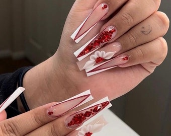 Romance | Valentines Day Nails | Red Nails | White French nails | 3D acrylic flower nails | luxury nails | coffin square stiletto nails