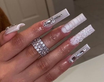 Ice Princess | Luxury Nails | Milky White Nails | White Outline Nails | Coffin Stiletto Square Nails