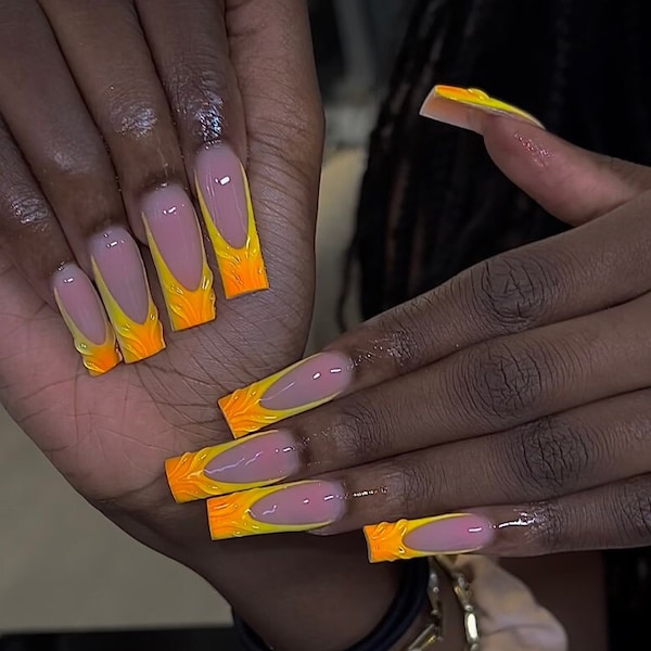 Sunkist | 3D French Nails | Aurora Nails | Yellow Nails | Orange Nails | Almond Duck Stiletto Square Coffin Press On Nails | Summer Nails