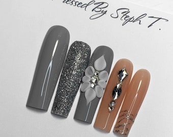 Iceland Glam | Luxury Nails | Holiday Nails | Silver Nails | 3D acrylic flower | Glitter Nails | Gray Nails | Coffin Square Stiletto Nails