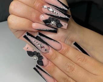 Onyx Glam | Luxury nails | 3D acrylic flower | black tip nails | vtip nails | black press on nails | coffin stiletto square