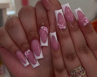 Spring French | Luxury Nails | French Nails | Flower Nails | Almond Stiletto Square Coffin Nails