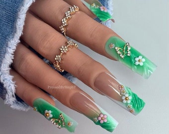 Spring Gardenia | 3D Nails | Airbrush Nails | French Nails | Spring Nails | Green Nails | Duck Almond Square Stiletto Coffin Nails