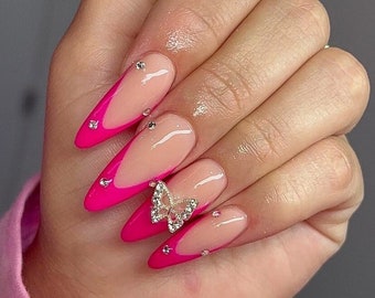 Hot French | Luxury Nails | Hot Pink French Nails | Butterfly Nails | Hot pink nails | Almond Square Stiletto Coffin Press On Nails