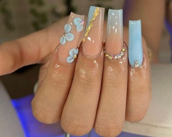 Baby Blue Glam | Luxury nails | Blue nails | Ombre nails | 3D acrylic flower nails | square stiletto coffin nails