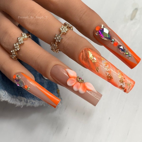 Summer Orange Glam | Luxury Nails | 3D acrylic flower nails | summer nails | coffin square stiletto nails | bling nails