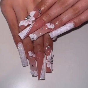 Day Party | Luxury nails | 3D acrylic flower nails | Raw Glitter Nails | Birthday Nails | Coffin Square Stiletto Nails