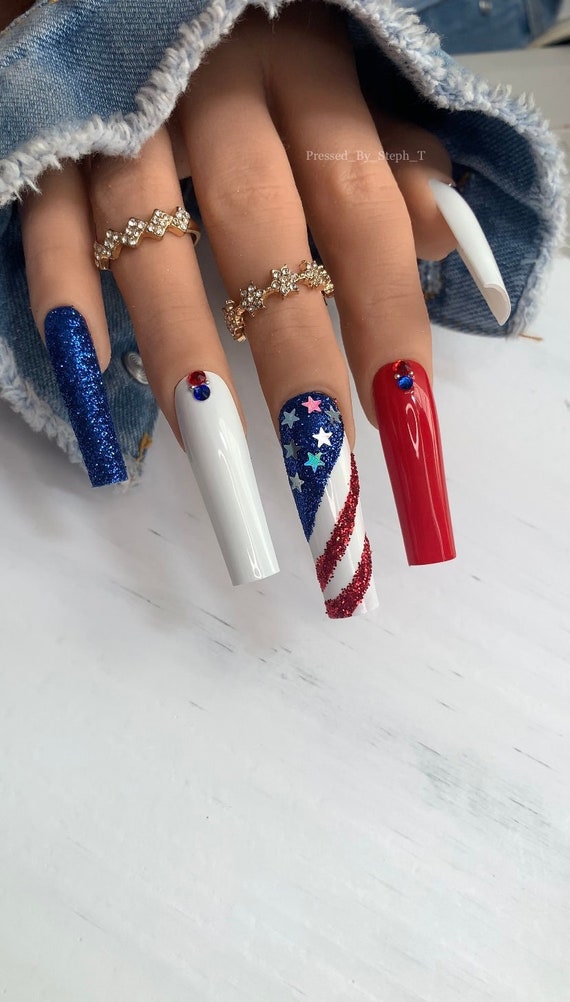 Red , White & Glitter Long Coffin Nails - Etsy
