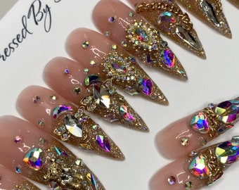 Acrylic Nail Set | Luxury Nails | Bling Nails | Gold | Glitter | Acrylic Press on nails | xxl nails