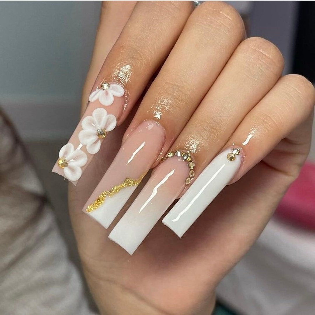 Trophy Wife Luxury Nails Ombre Nails 3D Flower Nails Square Coffin