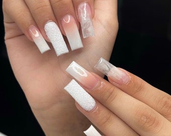 Classy Doll | Luxury Nails | Ombre nails | Raw Glitter nails | white nails | white Ombre nails | coffin stiletto square