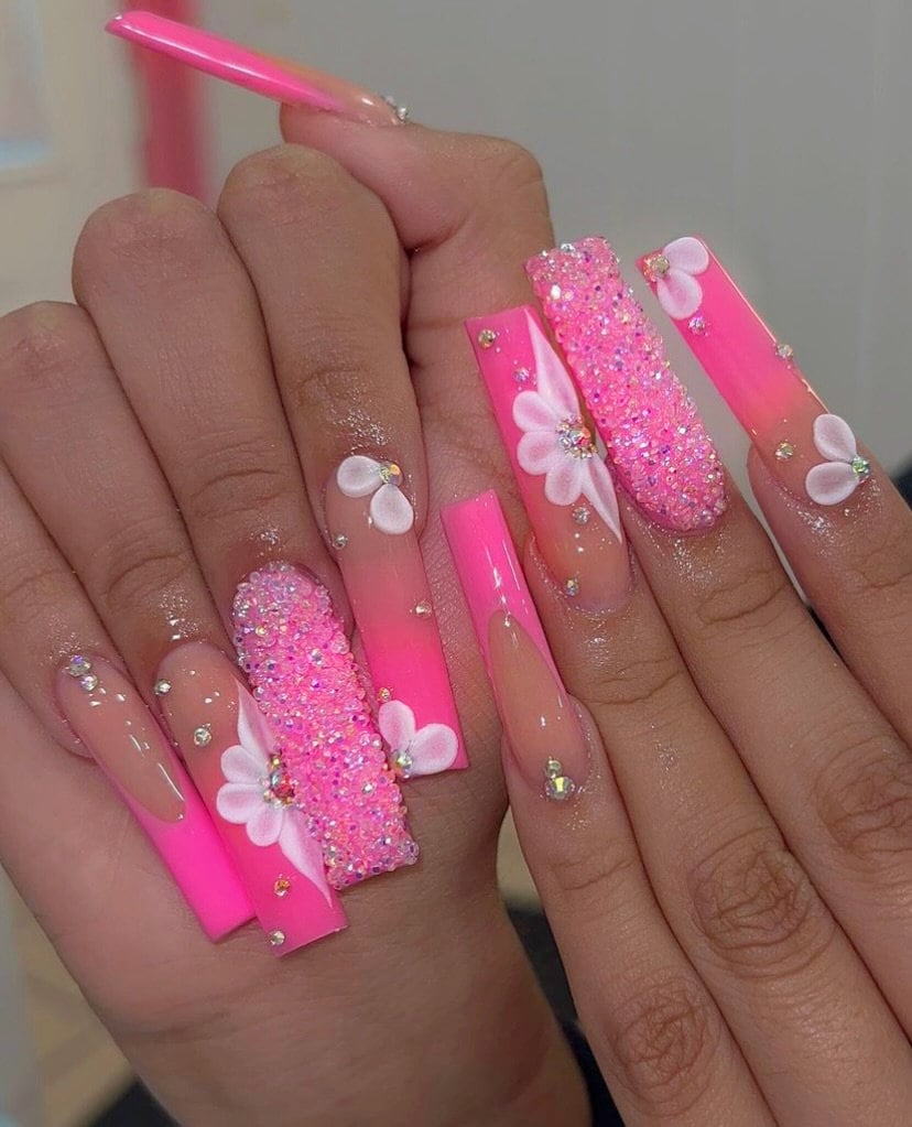 Glitter Pink Ombre Rhinestone Nail Gems-styled in XXL Square 