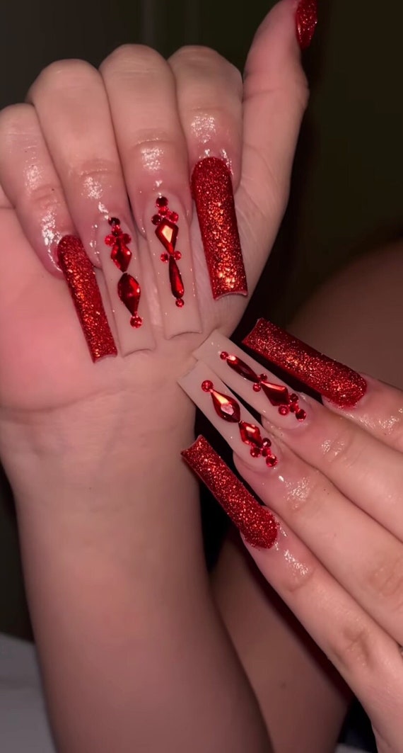 Red Rhinestone Nude Nails Bling Nails Nude Nails Long Nails Holiday Nails  Christmas Nailsluxury Nails Red Nails Glam Nails 