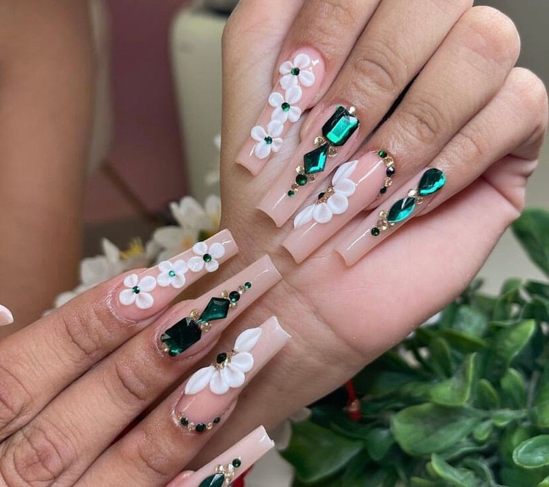 Emerald Goddess 2 XXL press on nails 3D Acrylic flower nails Nude nails Emerald Green Nails Luxury image 1