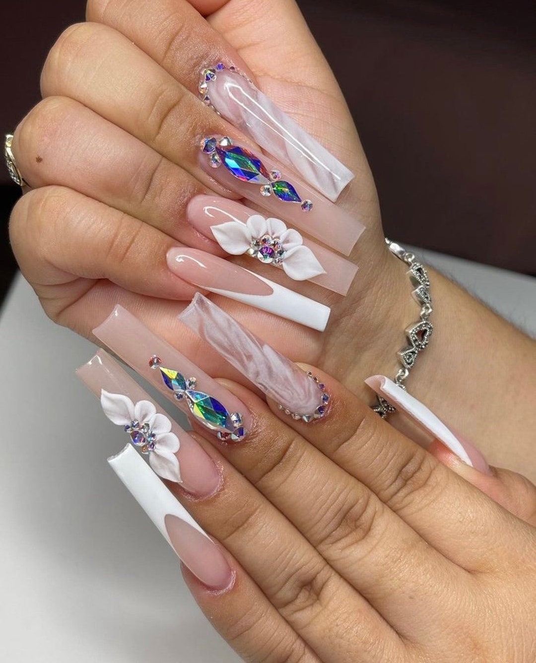 Birthday Glam Luxury Nails Marble Nails French Nails 3D Acrylic Flower Nails Coffin Square