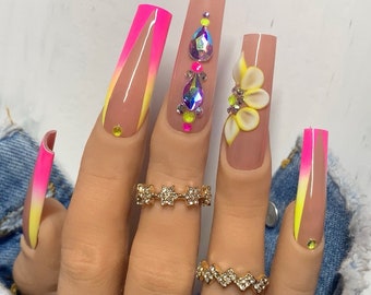 Pink Lemonade Glam | Luxury nails | summer nails | v tip nails | 3D acrylic flower nails | coffin stiletto square nails