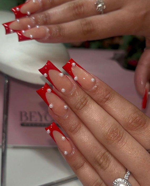 Belle Red French Tip Nails French Tip Nails With Pearls Pearl Nails Luxury  Nails Red Nails Almond Stiletto Square Coffin 