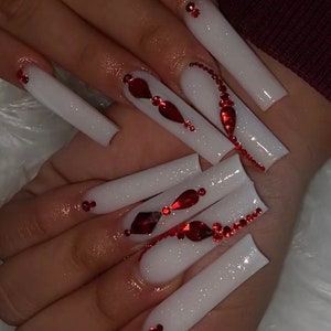 Crimson Ice Luxury Nails Milky White Nails Red Bling Nails Luxury Nails Coffin Stiletto Square Nails image 1