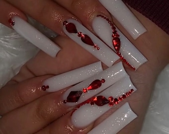 Crimson Ice | Luxury Nails | Milky White Nails | Red Bling Nails | Luxury Nails | Coffin Stiletto Square Nails