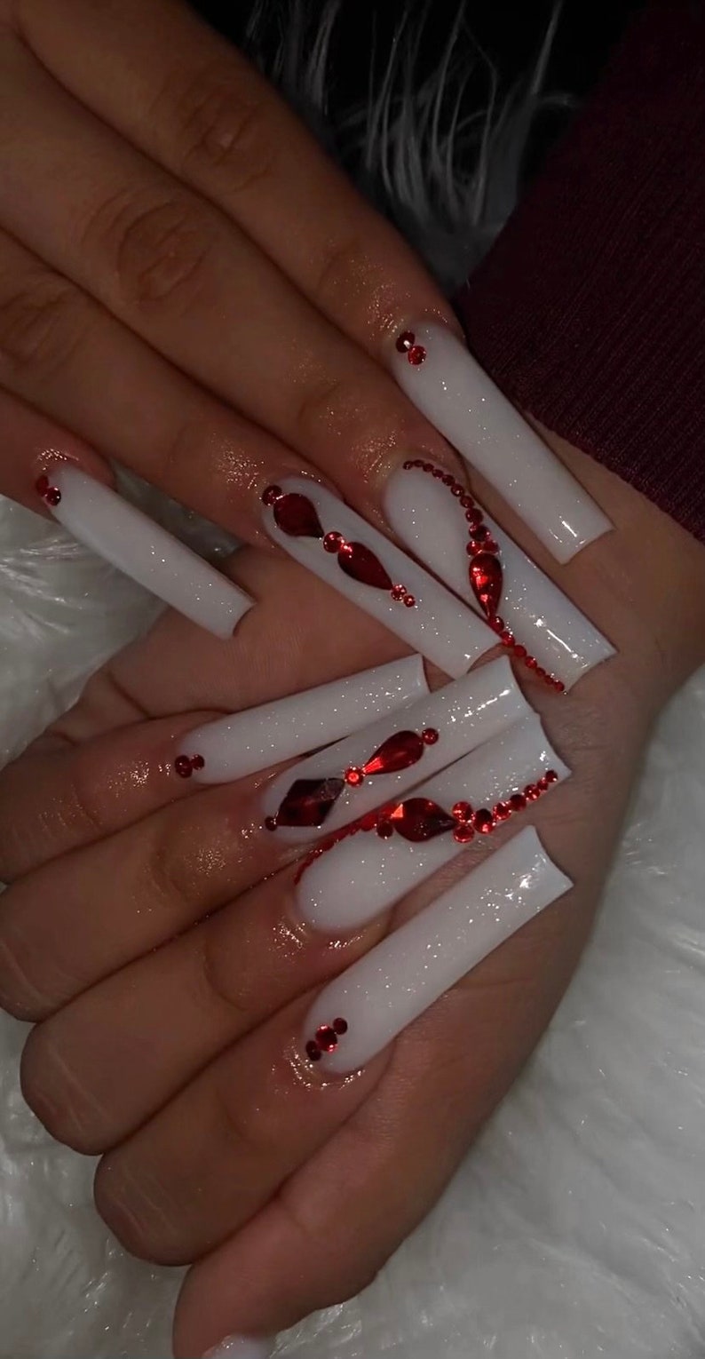 Crimson Ice Luxury Nails Milky White Nails Red Bling Nails Luxury Nails Coffin Stiletto Square Nails image 1