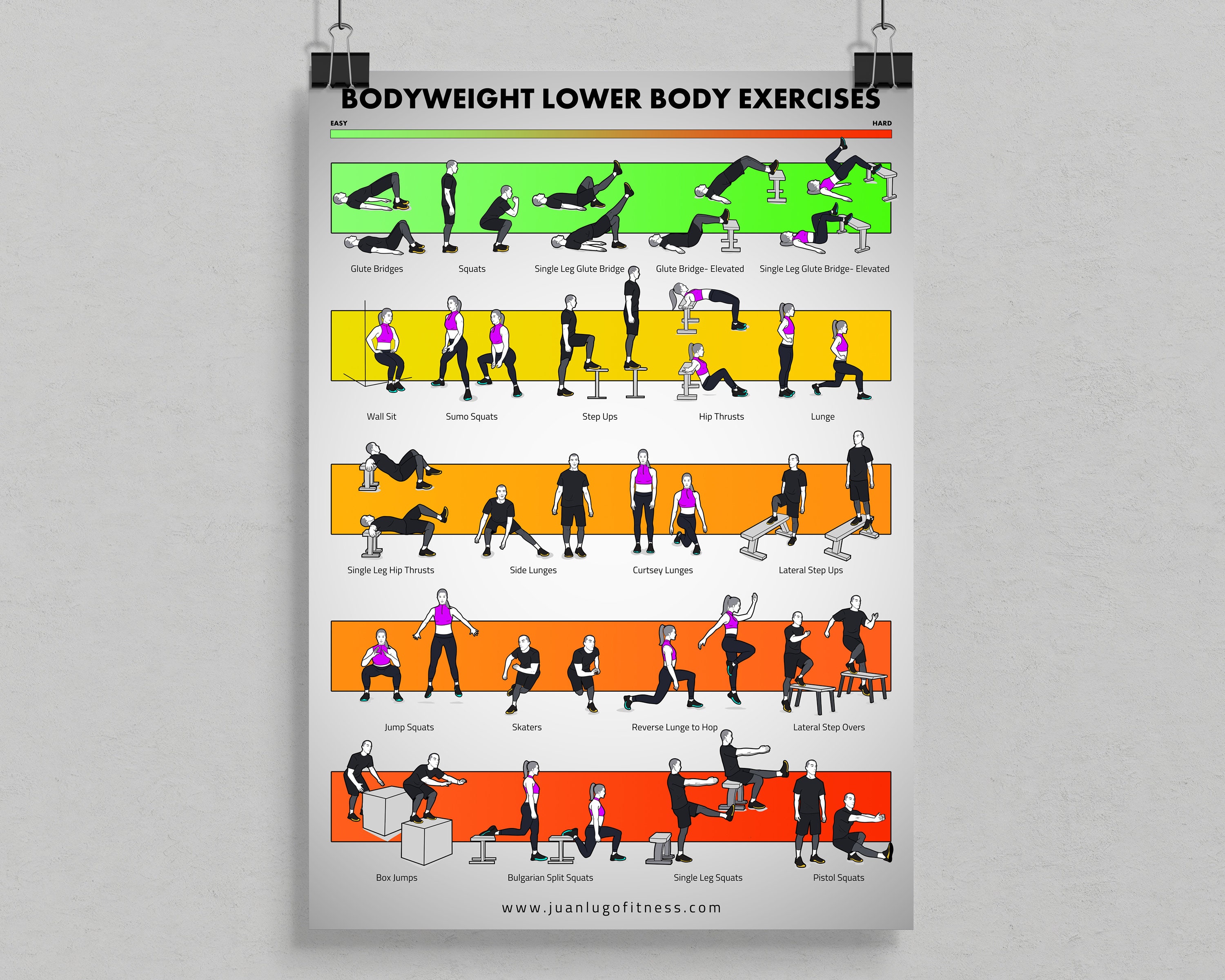 Printable Bodyweight Lower Body Exercises Training Poster 16.66'' X 23.66  22 Illustrated Exercises 