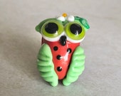 Shannon Altman lampwork beads, owl bead, watermelon owl, bird bead, dots, animal bead, lampwork owl focal