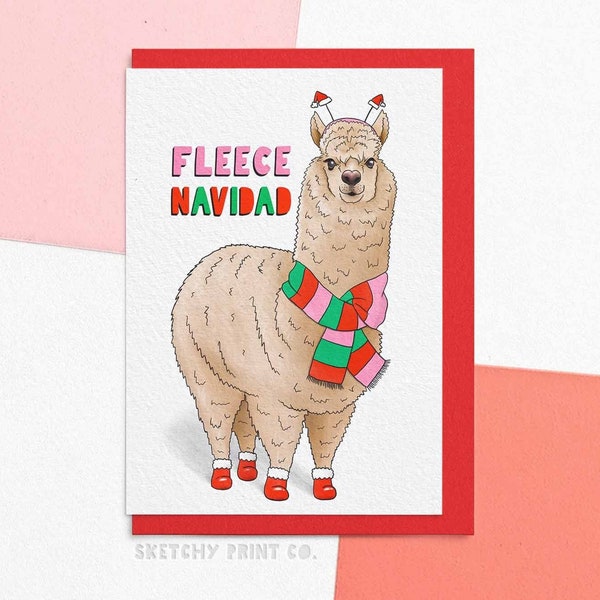 Grappige kerstkaart | Fleece Navidad | Leuke Alpaca kerstkaart | Kerstkaarten voor dierenliefhebbers | Stuur uw kaart rechtstreeks met een aangepast bericht