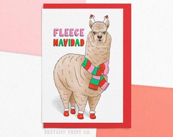 Grappige kerstkaart | Fleece Navidad | Leuke Alpaca kerstkaart | Kerstkaarten voor dierenliefhebbers | Stuur uw kaart rechtstreeks met een aangepast bericht