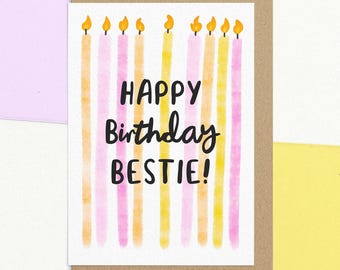 Best Friend Birthday Card | Watercolour Candle | Funny Wishes for Her | Personalised the Inside and Send Direct