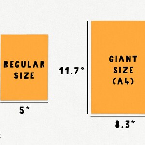 May include: Two orange paper sizes, one labeled "REGULAR SIZE" measuring 7 inches by 5 inches, and the other labeled "GIANT SIZE (A4)" measuring 11.7 inches by 8.3 inches.