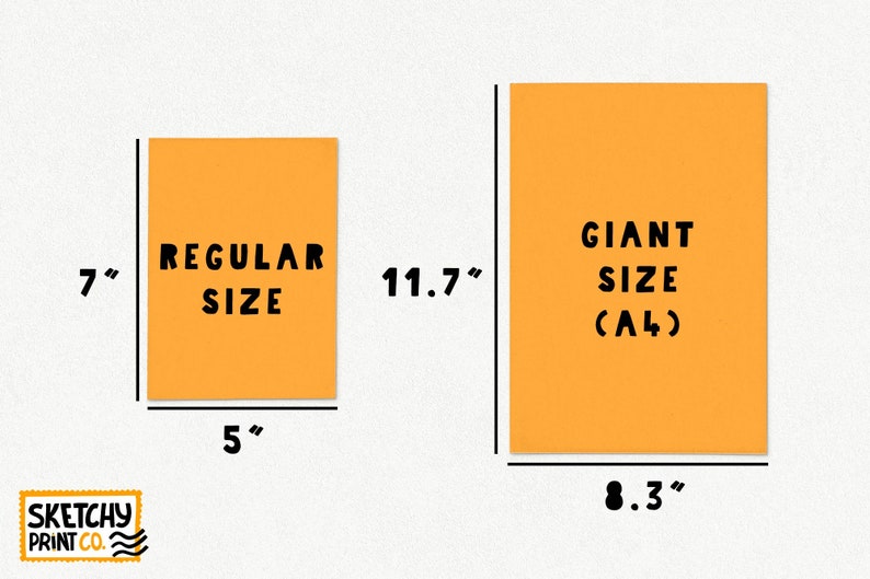 May include: Two orange paper sizes, one labeled "REGULAR SIZE" measuring 7 inches by 5 inches, and the other labeled "GIANT SIZE (A4)" measuring 11.7 inches by 8.3 inches.