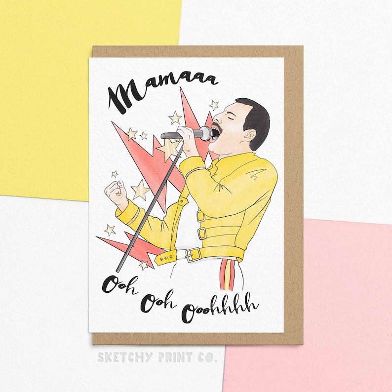 Funny Mothers Day card for mom or mums birthday card for music loving mum, with a hand drawn illustration of a Freddie singer reading mamma ooh ooh oohhh. Personalize the inside of your card with your own custom message.