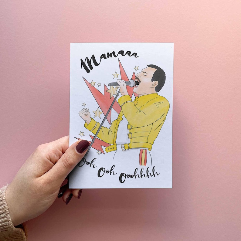 Funny Mothers Day card for mom or mums birthday card for music loving mum, with a hand drawn illustration of a Freddie singer reading mamma ooh ooh oohhh. Personalise the inside of your card with your own custom message.