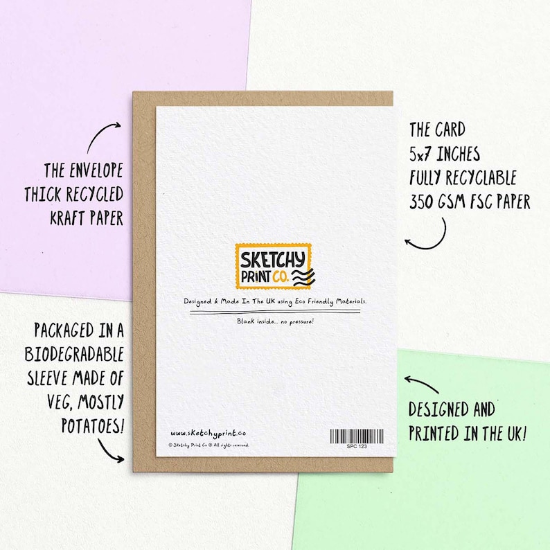 The envelope is brown Kraft with a subtle texture, made in the midlands. The card is fully recyclable 350gsm fsc certified paper made in Hull. We package the with either a card sticker or a compostable sleeve made from veg, mostly potatoes!