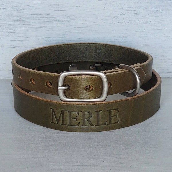 Personalized Olive Green Leather Dog Collar, Handmade Collars for Small and Large Dogs, Made in U.S.A.