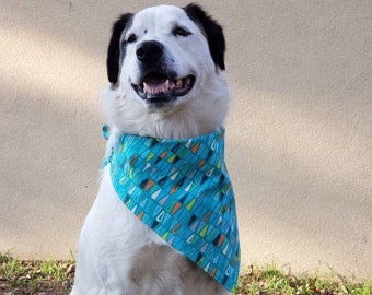 Retro Shapes Turquoise Tie On Dog Bandana, Mid Century Mod, Size Large, Last One