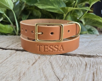 Personalized Tan Leather Dog Collar - Solid Brass hardware