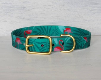 Pink Flamingo Waterproof Dog Collar - 1 inch Green and Pink PVC Dog Collar - Solid Brass Hardware - Made in USA