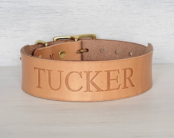 Personalized Natural Leather Tapered Wide Collar, With Solid Brass Hardware