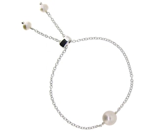 Pearl Adjustable Bracelet,Bridesmaid Gift, Sterling Silver Single Pearl Bracelet with Sliding Bead, June Birthstone Bracelet, Gift for Her