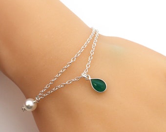 May Birthstone Anklet and Bracelet - Sterling Silver Adjustable Bracelet/Anklet Combination with Freshwater Pearl and Green Onyx birthstone
